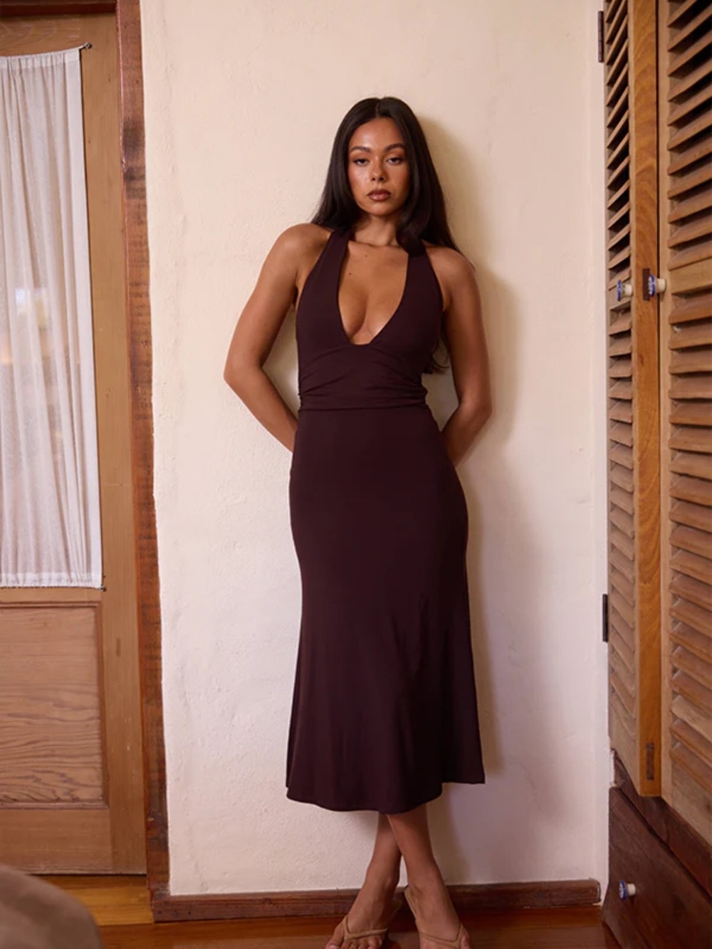 Sasha therese Halter Midi Dress in Deep Brown